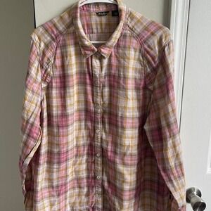 Eddie Bauer Womens XXL Pink Orange Plaid‎ Long Sleeve Cotton Button Down Shirt